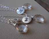 FOUR  Personalized Necklaces with Genuine Quartz briolettes, Initial of your Choice, bridal party, wedding, handmade jewelry