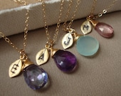 Bridesmaids Necklaces SET of Six &Stone and Initial - Lovely Gift, Bridal Party, Stamped Leaf, maid of honor, wedding jewelry