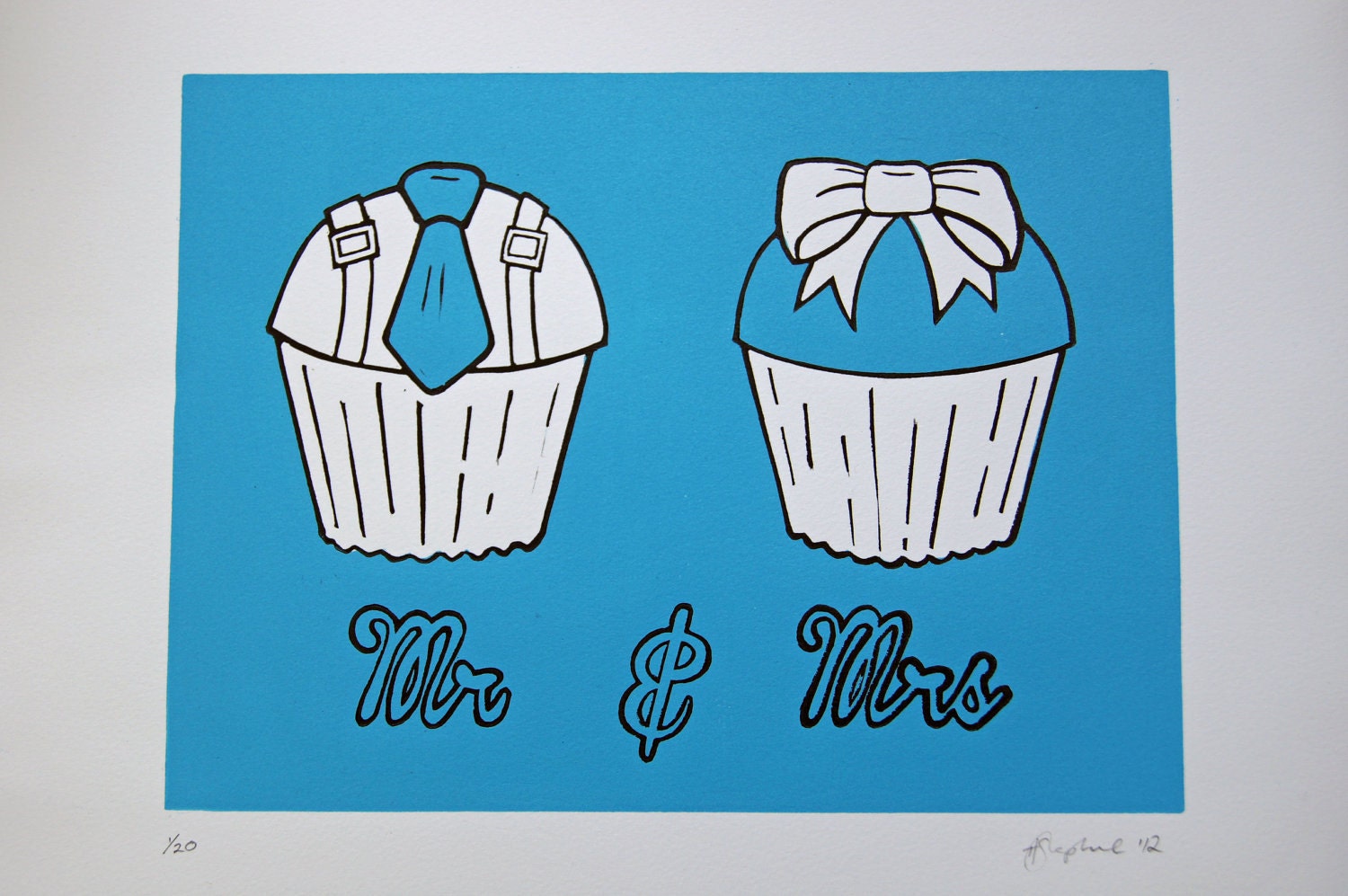Mr & Mrs Cupcake, original linocut linoblock retro cake print, perfect spring or summer wedding, anniversary, engagement gift for couples