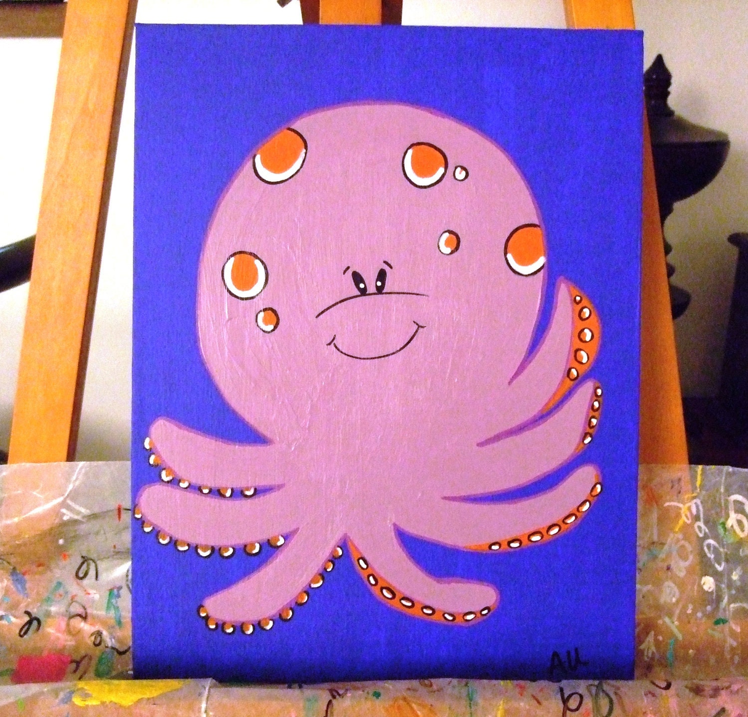 Octopus children's painting on 11x14 wrapped canvas, Ocean Underwater Theme, Nursery Room Art