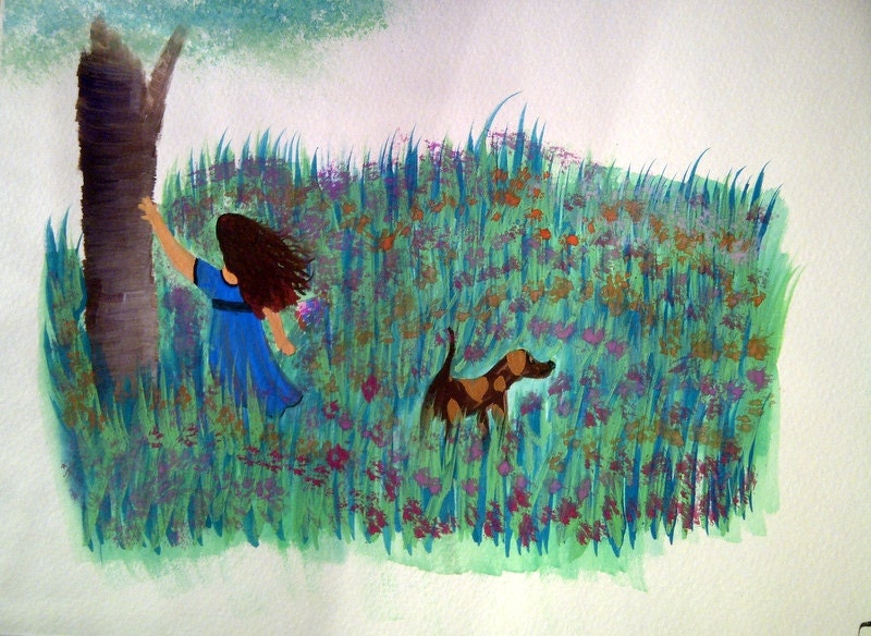 Original watercolor painting, girl and dog in meadow, unframed art, 9x12