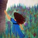 Original watercolor painting, girl and dog in meadow, unframed art, 9x12