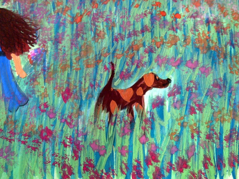 Original watercolor painting, girl and dog in meadow, unframed art, 9x12