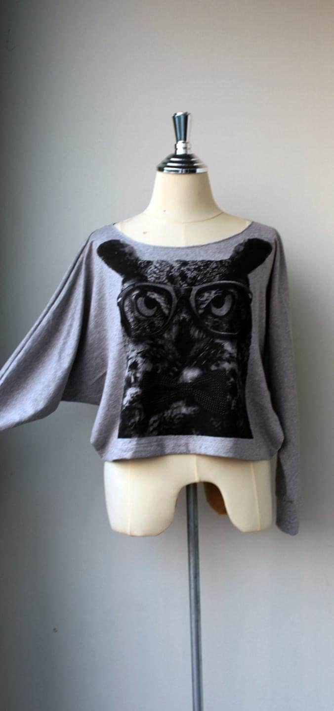 Owl The Cute Pullover Oversize style Bat Style Half Body In Grey