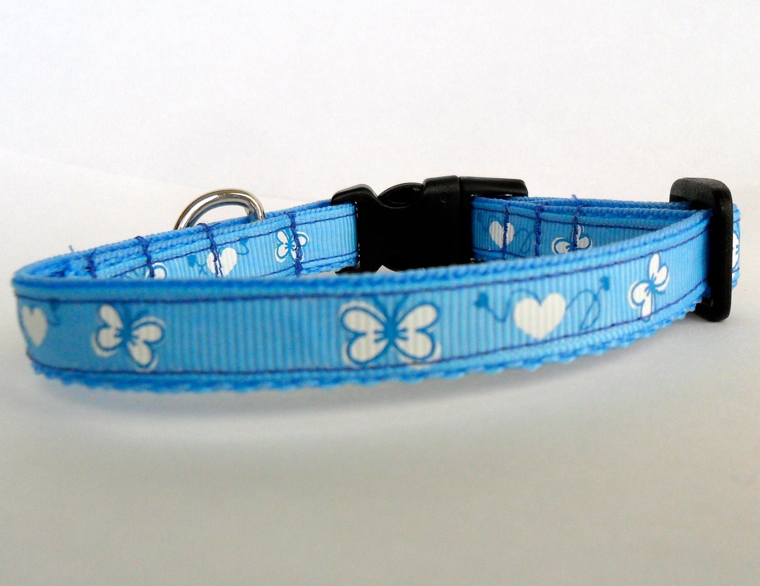 Cat or Dog Collar - Light Blue with Hearts and Butterflies, Size Medium, Small, Adjustable, Kitten, Puppy, Bichon, Mini Poodle