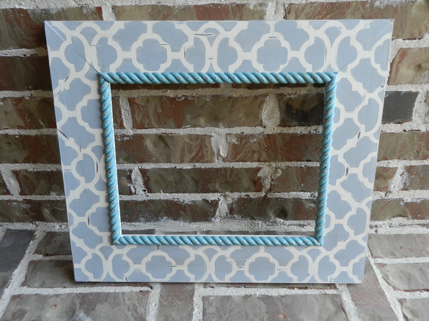11x14 distressed picture frame with morrocan print in color vintage white and pittsburgh gray with small rope trim in provence