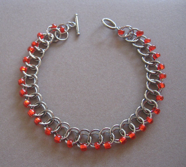 Ligeia - Half Persian Chain Maille Weave and Ruby Red Czech Glass Bead Bracelet