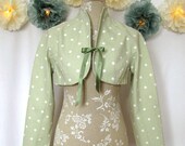 Sweet Spring Bolero (size M) (jacket with long sleeves and high collar, white dots on pale apple green cotton, ribbon bow closure)