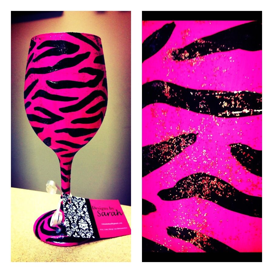 HandPainted HOT PINK Zebra Print Wine Glass by SarahMammay