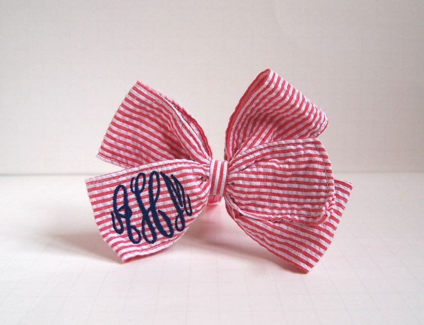 Red Seersucker Monogrammed Bow