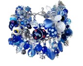 Blue beaded charm bracelet handmade sapphire navy white