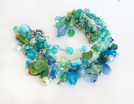 Aqua beaded charm bracelet handmade 'Azure Blue'