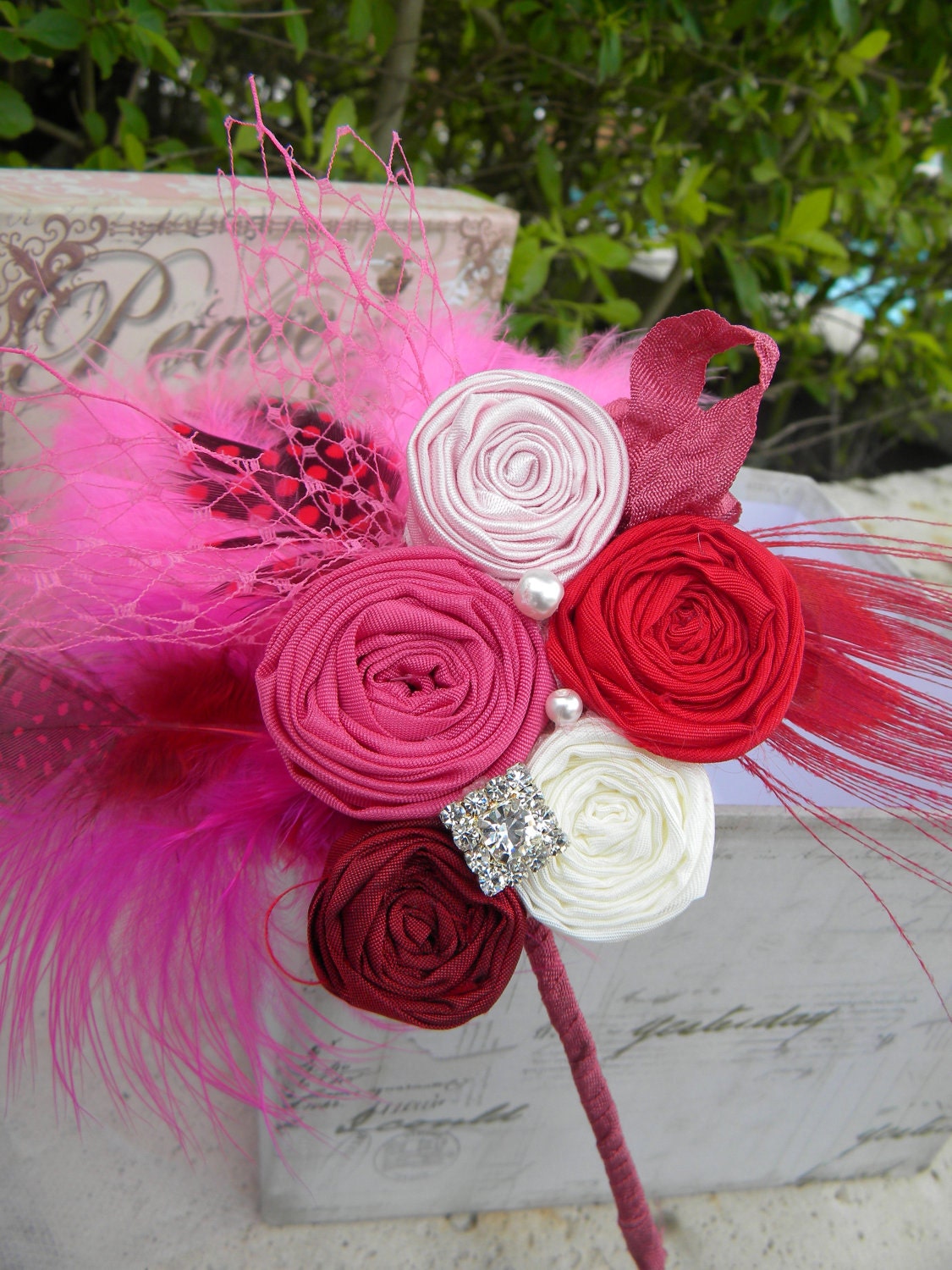 Pretty in Pink Vintage Shabby Chic Inspired Rosette headband in Pink, Red, Hot Pink and Ivory Cream headband, PHOTOGRAPHY PROP