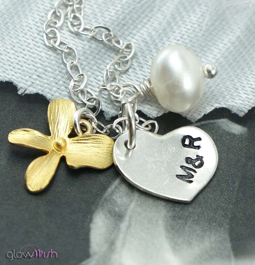 Personalized Necklace, Two Custom Initials, Best Friends, Sisters, Couples Necklace, Sterling Silver, Hand Stamped Heart, Sympathy Gift