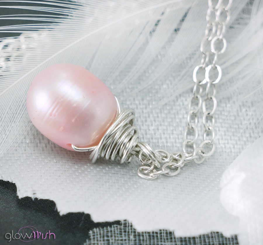 Pink Pearl Necklace, Classic Bridal Necklace, Wire Wrapped, Sterling Silver, Bridesmaid Gifts, Modern