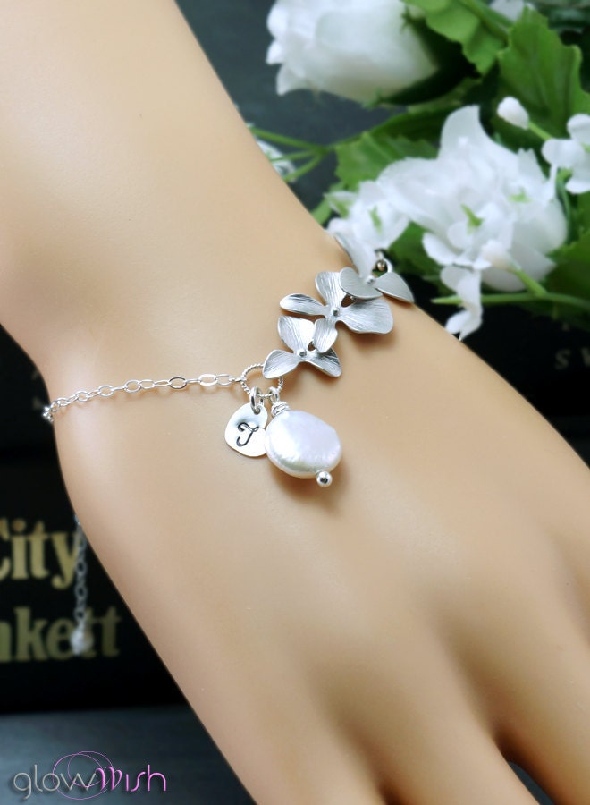 Personalized Bracelet, Coin pearl, Tiny heart charm, Orchid bracelet, Initial letter, Bridesmaid bracelet, Adjustable chain