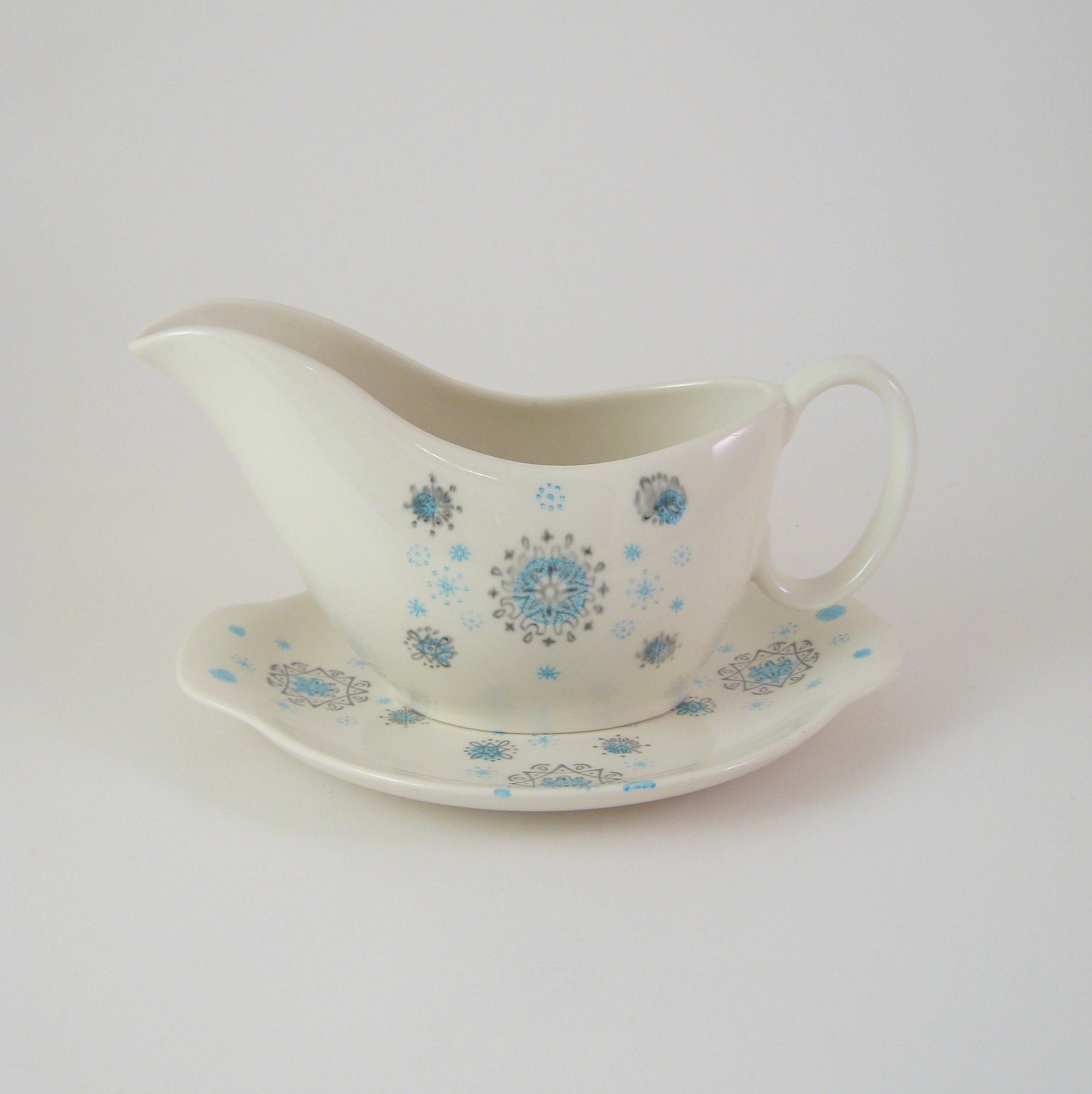 Vintage Atomic Gravy Boat with Underplate, Royal China Prestige, Blue Ice, Mid-Century Modern Dinnerware, 1950's
