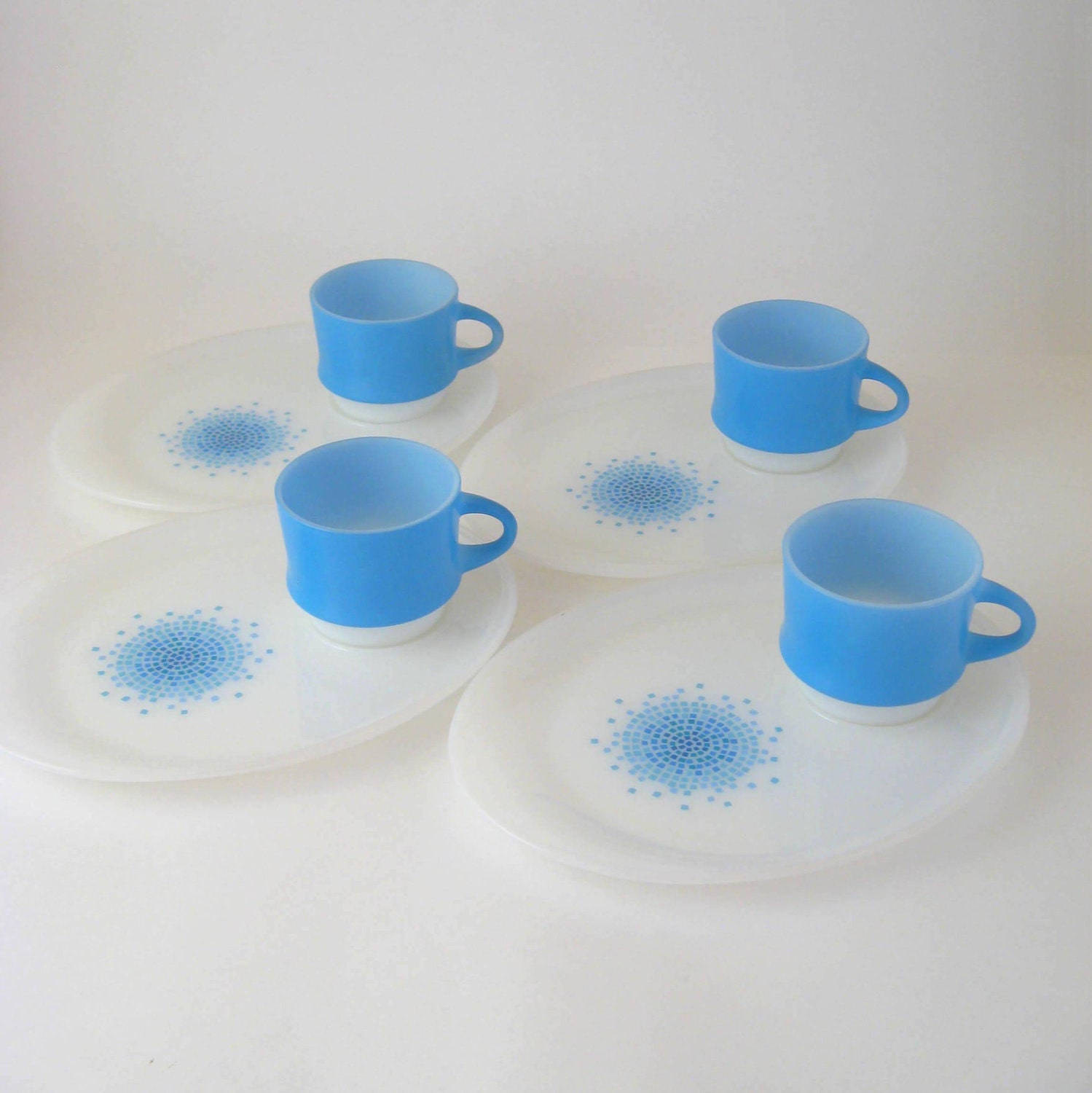 Vintage Blue Mosaic Snack Plates, Set of 4, Anchor Hocking Fire-King, Retro Mid-Century Modern 1960's