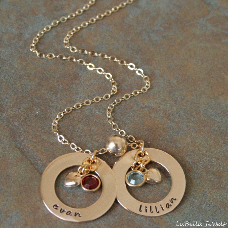 Personalized Hand Stamped Mother'sGold Filled Double Eternity Necklace - Names and Birthstones for Mom