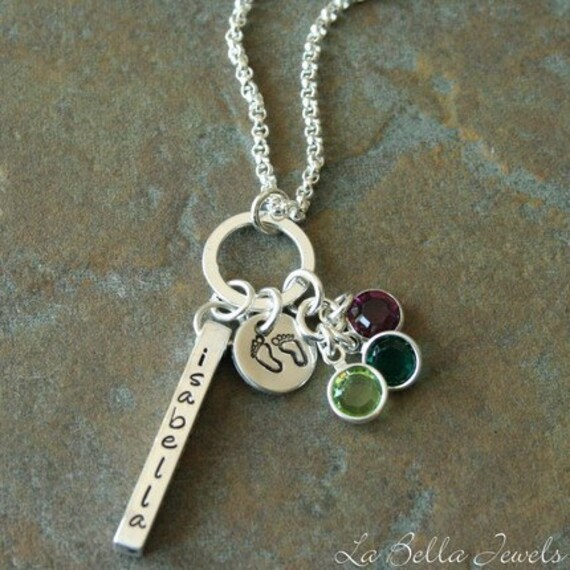Custom Personalized Hand Stamped Pitter Patter 4 Side Bar Mommy Name Birthstone Necklace