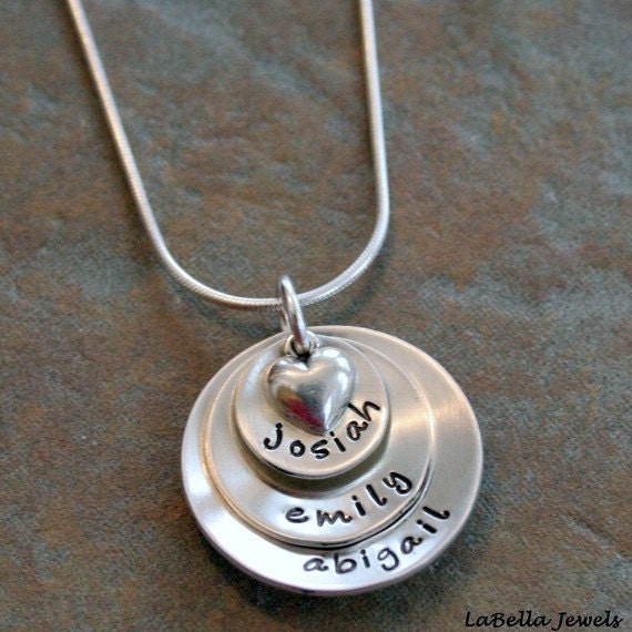 Custom Personalized Sterling Hand Stamped Cupped Three Layers of Love Mommy Name Necklace