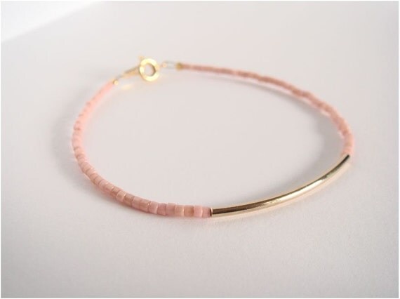 Gold bar and Luster Peachy Pink Toho beads bracelet - Friendship bracelet