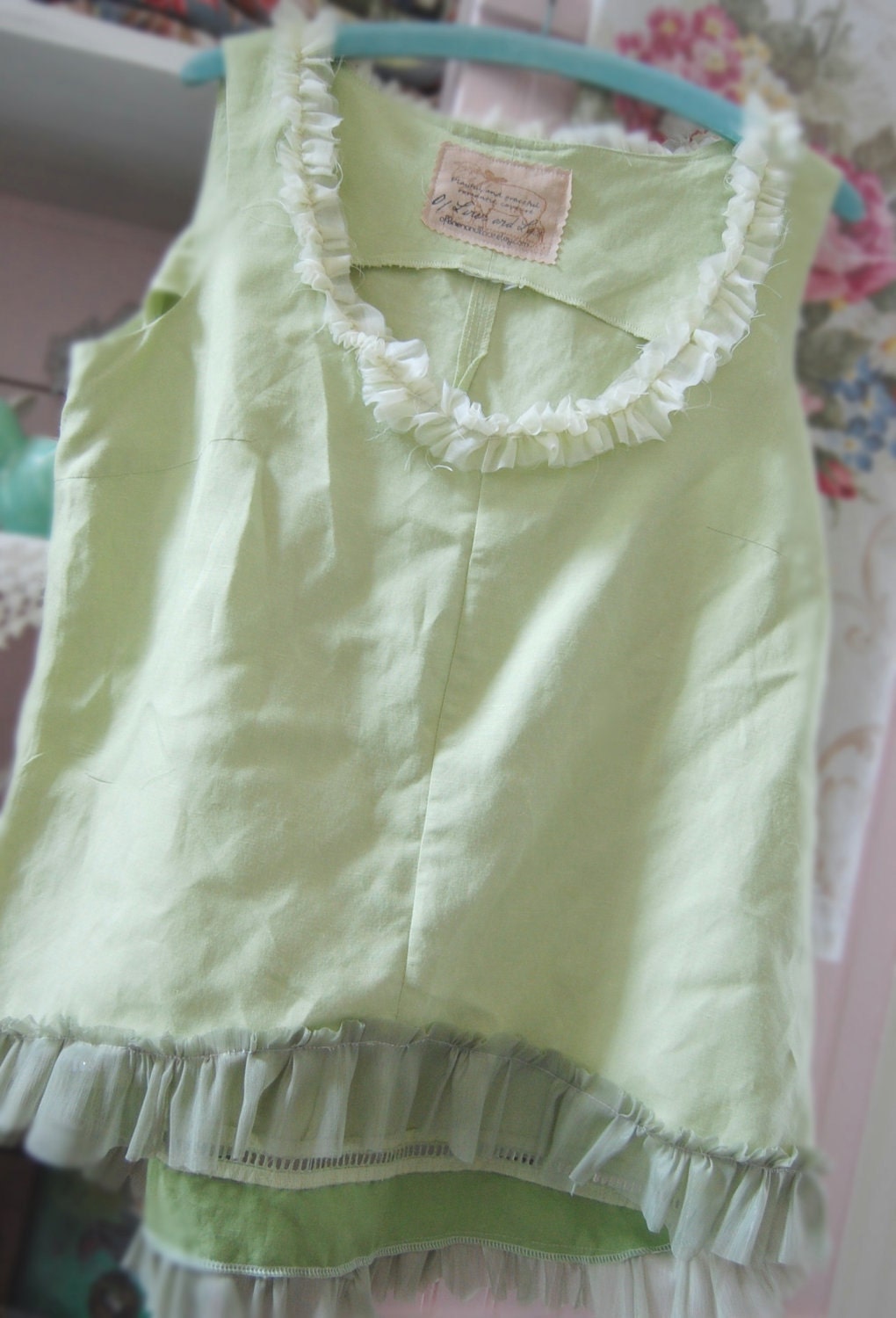 Spring Green Pure Linen Sleeveless Tunic Size Large Voile Ruffles Altered Couture Upcycled EcoFriendly Prairie FarmGirl Shabby Chic