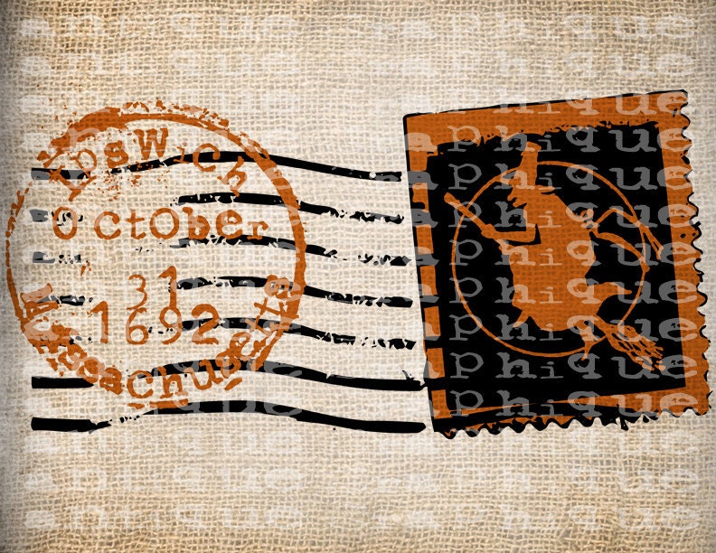 ANtiQue ORANGE Black Salem Witch Trial Mass Halloween Postmark Post Digital Download for Papercrafts, Transfer, Pillows, etc No 3829