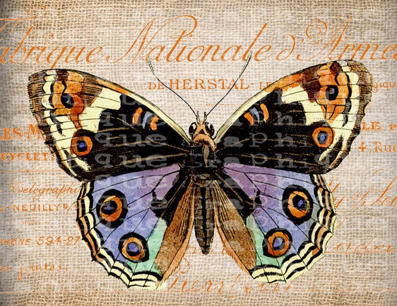 Antique French Butterfly Postmarks Digital Download for Tea Towels, Papercrafts, Transfer, Pillows, etc Burlap No 7221 COLOR