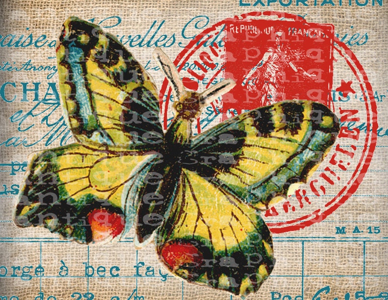 Antique French Butterfly Postmarks Digital Download for Tea Towels, Papercrafts, Transfer, Pillows, etc Burlap No 7251 COLOR