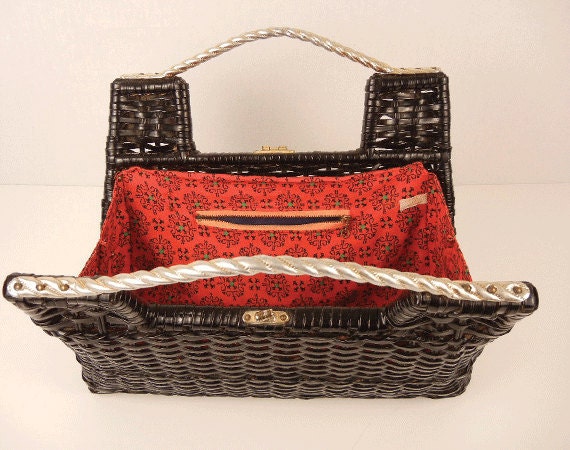 Vintage 1950s Wicker Handbag / Black Basket Weave Bag with Red Lining and Silver Hardware