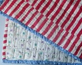 Vintage Red, White Stripe, Floral Feed Sack Doll Carriage Quilt Blanket