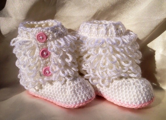 Ugg Baby Boots Inspired - Ugg Style Booties for Baby Girl - Stylish Pink and White "Furry" Crocheted Booties
