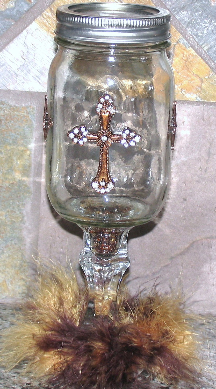 COWGIRL COCKTAILS Diva Mason Jar WINE Glass Hillbilly Redneck Cross Rhinestone