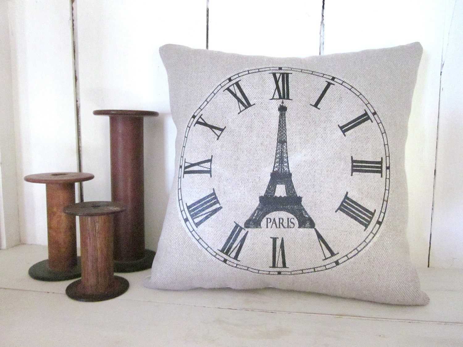 French country pillow, decorative pillow, shabby chic, farmhouse decor, pillow, french, eiffel tower, french script,  clock
