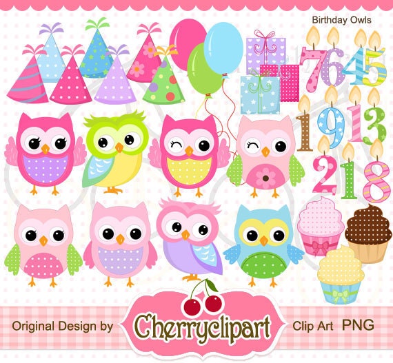 Birthday Owls Digital Clipart Set -the hats are separately-Personal and Commercial Use- for Card Design, Scrapbooking, and Web Design