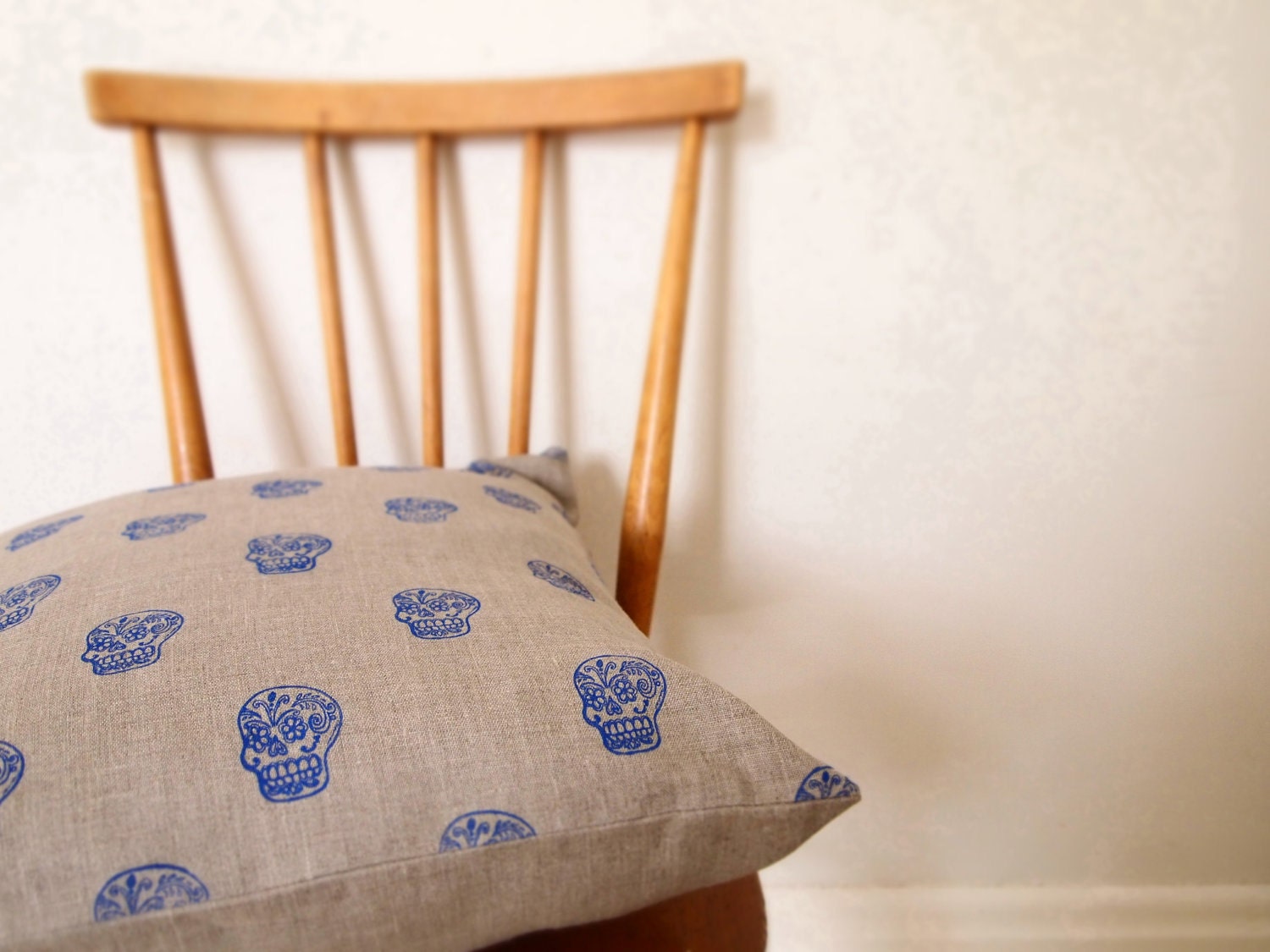 Natural organic linen hand printed mexican day of dead sugar skull pillow cushion