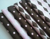 Cloth Napkins, Pink and Brown Polka Dots with Pink and Brown Diamond Backing, Reversible, Set of 4
