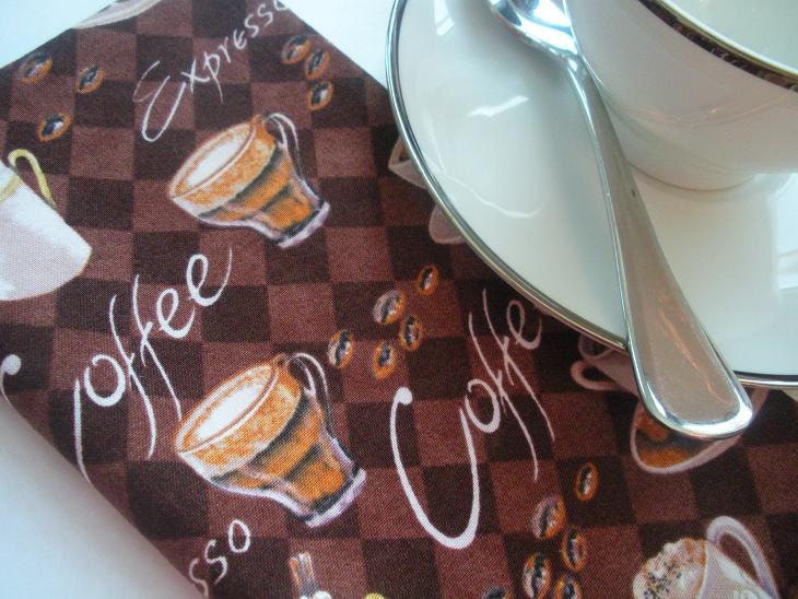 Cloth Napkins--Coffee Print in Brown and Tan,  Lunch Sized, Set of 2