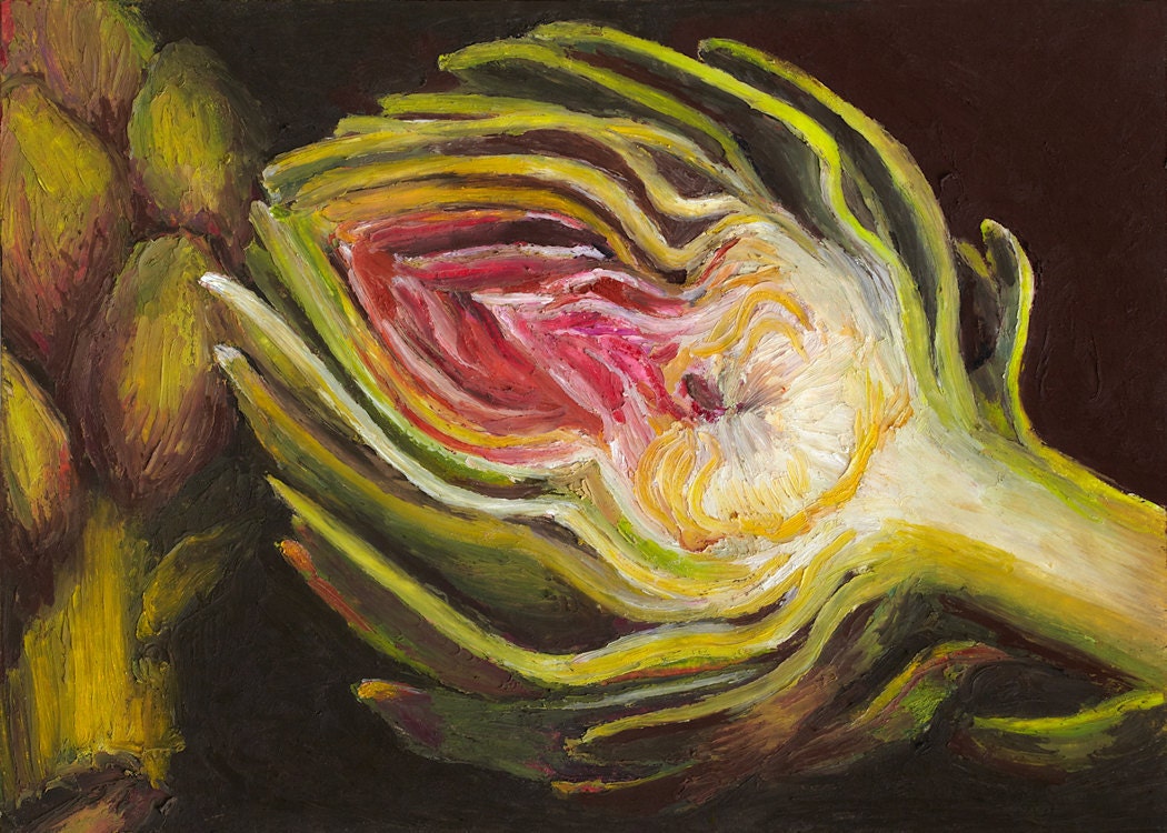 Giclee, Archival, Matted Print of an Original Oil Pastel Painting of a halved Artichoke