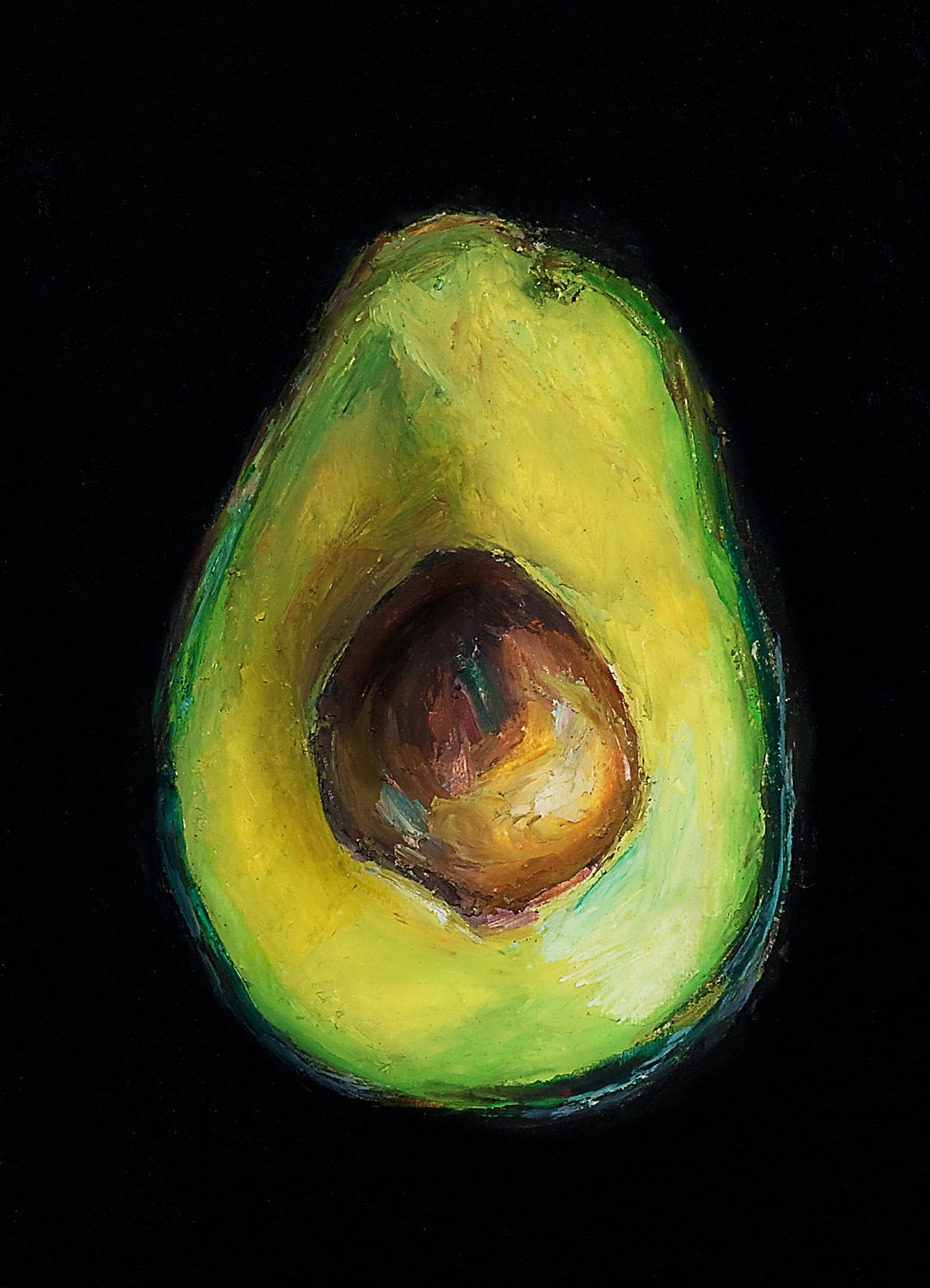 Avocado----Giclee, Archival, Matted Print of an Original Oil Pastel Painting of an Avocado Half with Pit