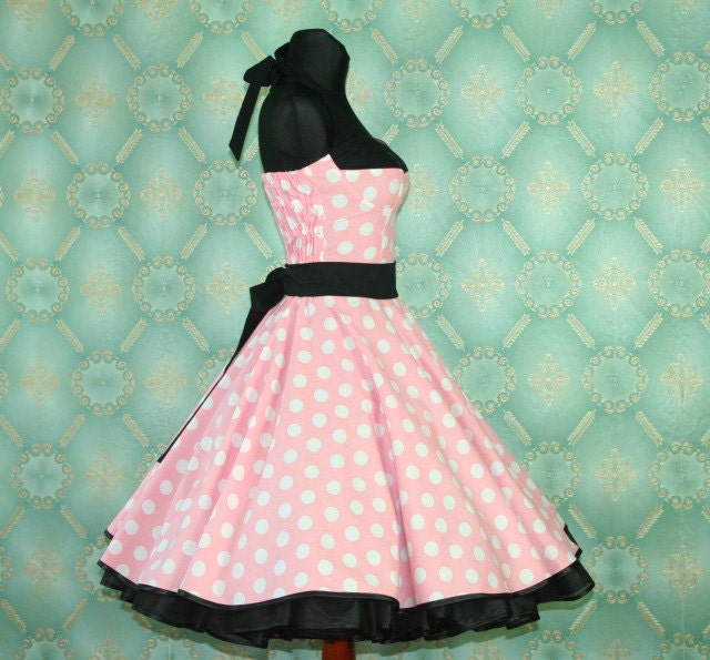 50's vintage dress full skirt Polka Dots light pink white black Hot Pin Up cut Tailor Made