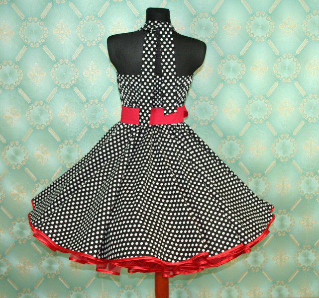 50's vintage dress full skirt black white red polka dots Retro Dress Tailor Made