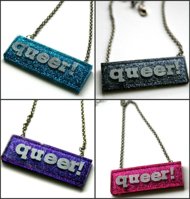 QUEER on PINK Letterpress Large Glitter Resin Necklace