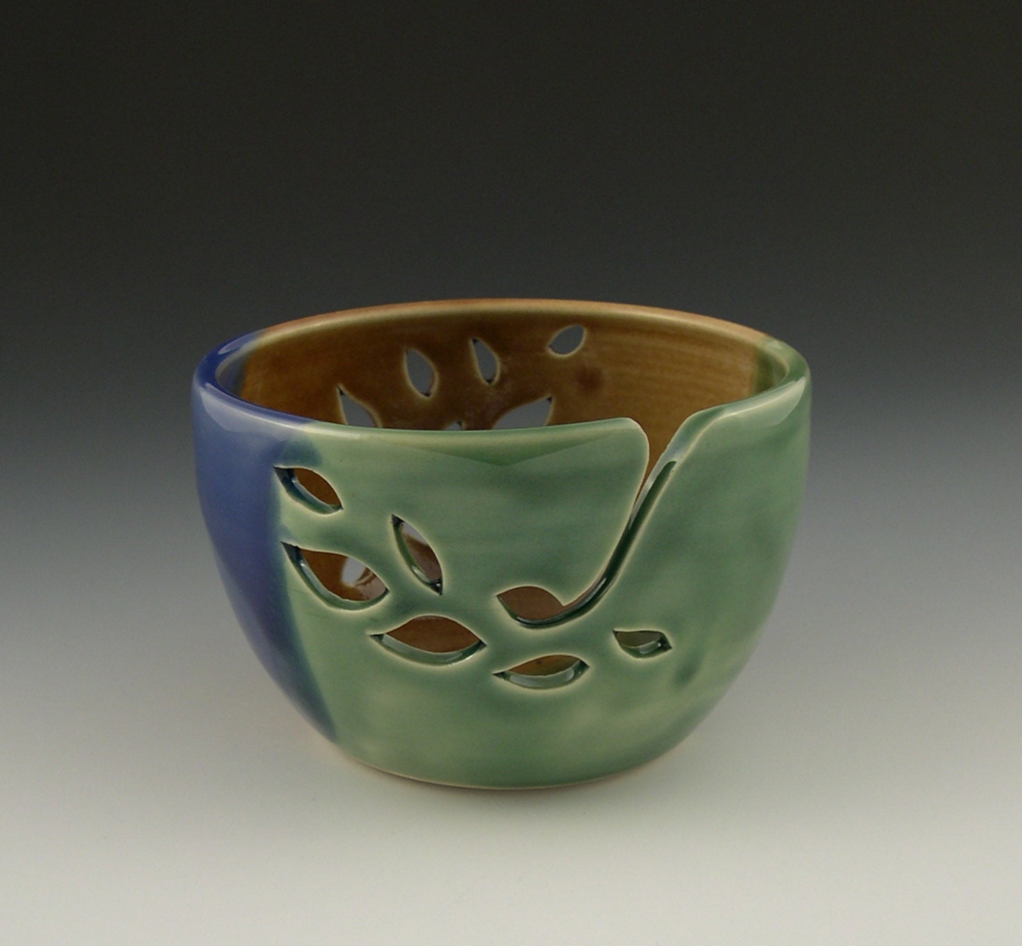 Yarn Bowl in Green Brown and Blue Leaf Pattern