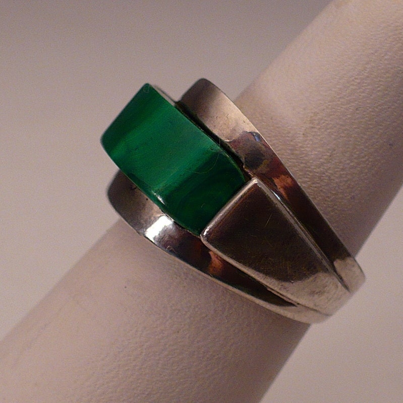 Brutalist Ring Modernist Sterling Silver Malachite Industria Argentina Antique Vintage Size 7