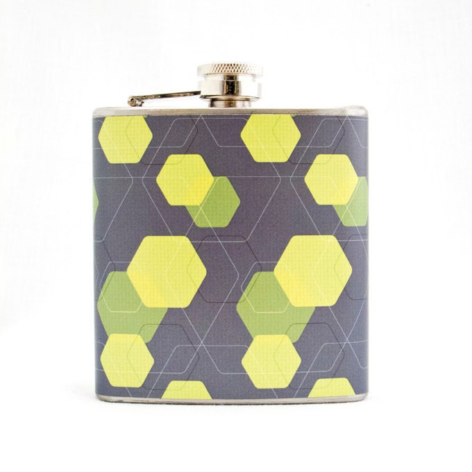 Hexagon Flask : Bright Green and Grey Pattern, 6 oz Stainless Steel Hip Flask, Velour Bag Included