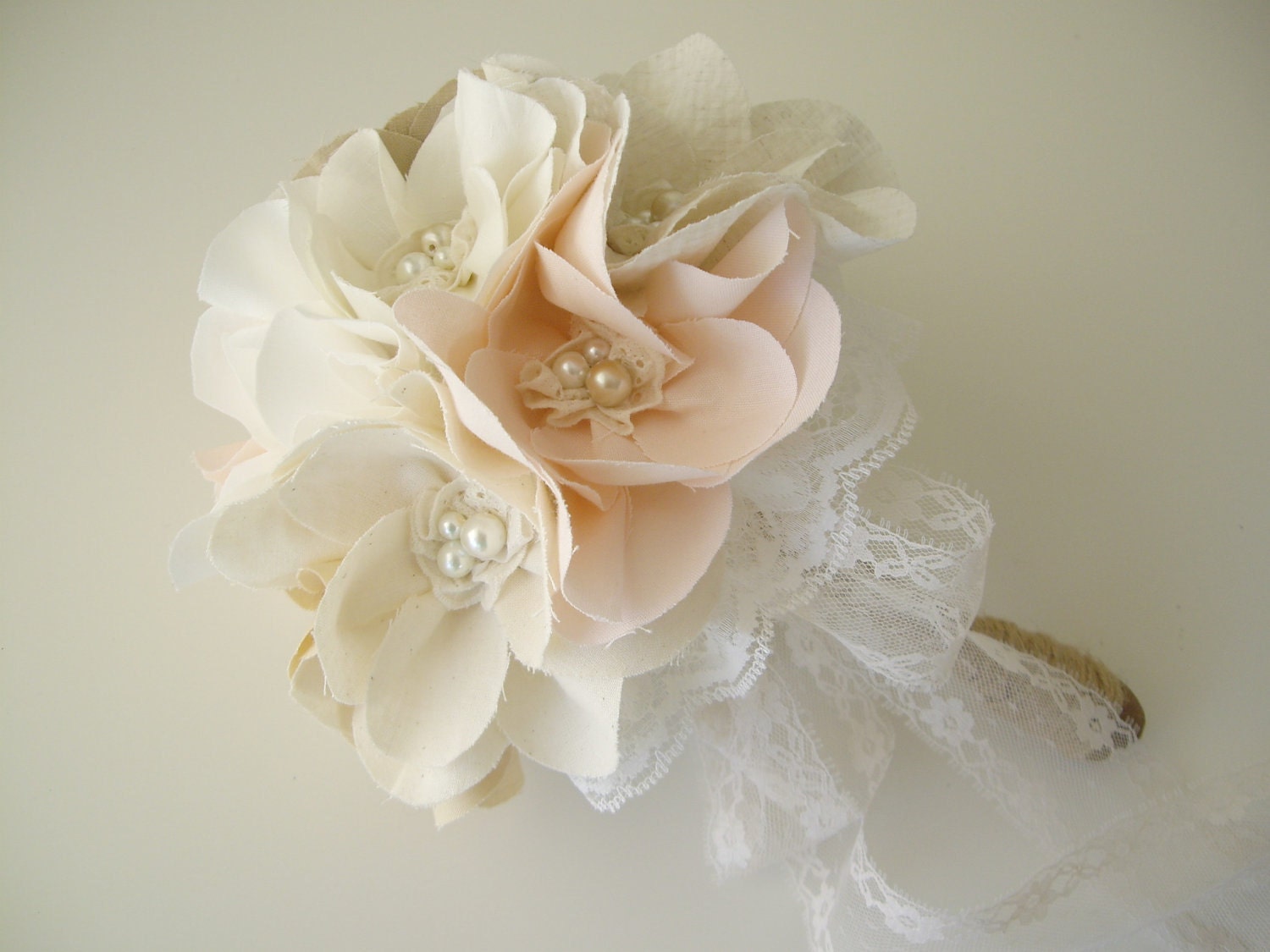 Handmade Rustic Chic Wedding Bouquet, Petite Fabric Flowers Bouquet, Cotton magnolias