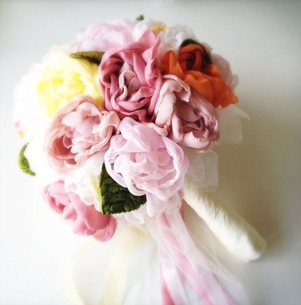 Fabric Flower Wedding Bouquet, Vintage Inspired Weddings, Handmade Peony Bridal Bouquet
