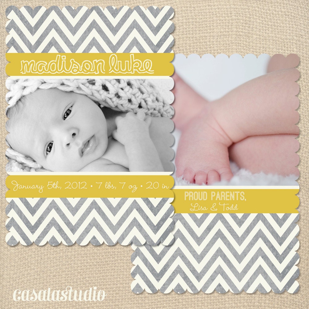 Chevron Scalloped Newborn Baby Announcement Photo Card DIY Printable OR Printed Card